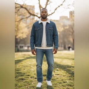 Steve & Barry’s Men size Large Denim Sherpa Collar Button Up Lined Bomber Jacket